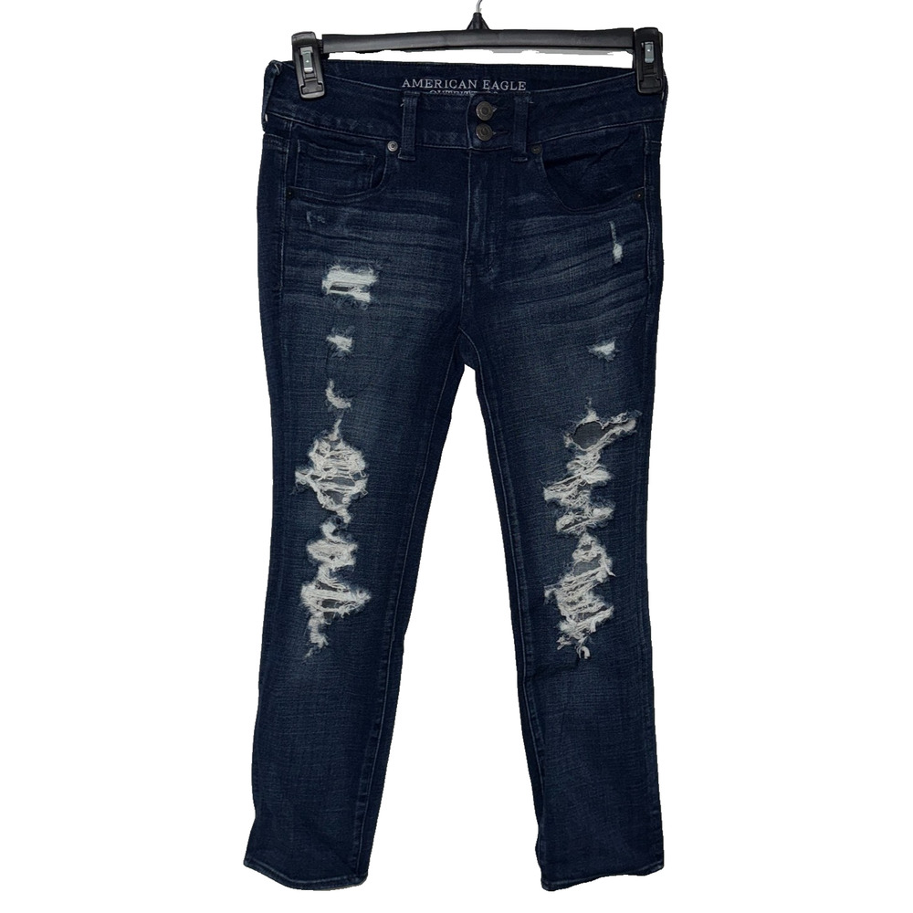 American Eagle Womens Size 6 Jeans Denim Dark Wash Distressed Artist Crop X4